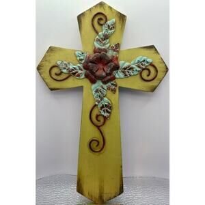Floral Cross With Rose Wall Plaque Resin